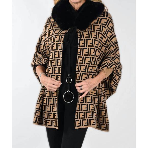 NEW FRANK LYMAN camel/black knit poncho in black/camel - Picture 2 of 3